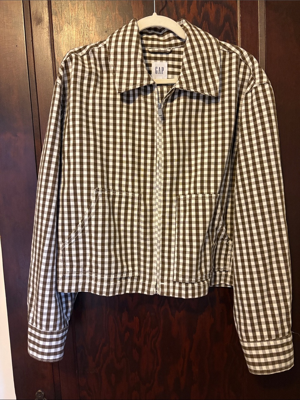 GAP Women's Brown and White Gingham Zip Jacket, L